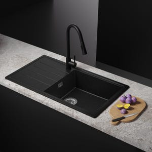 Evier Cuisine en Granit Noir Metallic, 90 x 50 cm, Lavabo 1 bac + Kit de Vidage, Évier à Encastrer de Primagran
