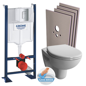 Grohe Pack WC Bâti Autoportant Rapid SL + WC Vitra Normus sans bride + Abattant softclose + Set habillage + Plaque chrome