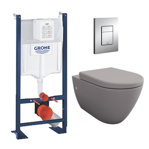 Grohe Pack WC autoportant avec WC sans bride gris mat et fixations invisibles + Plaque chrome (ProjectGreyBello-1)