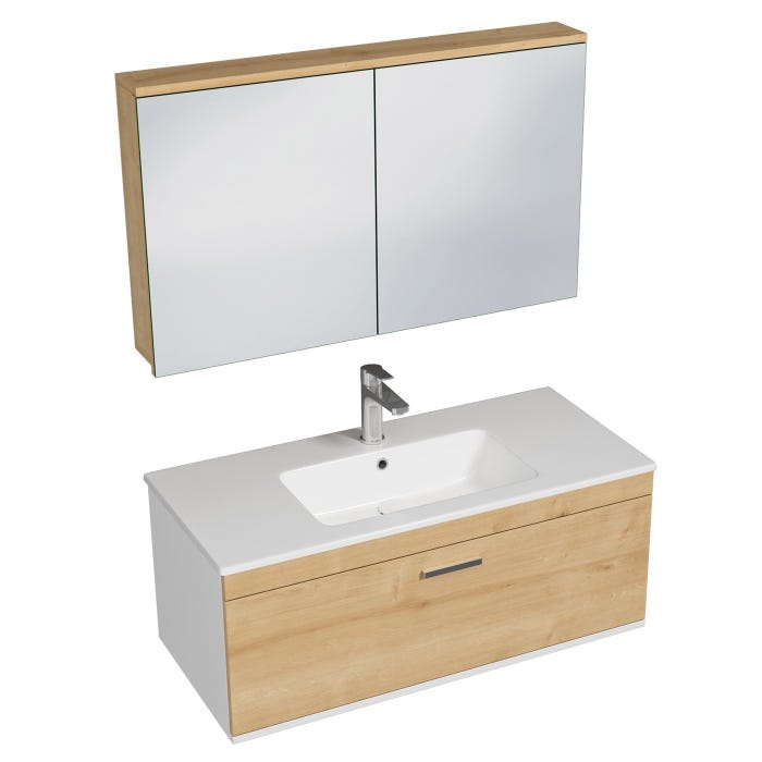 RUBITE Meuble salle de bain simple vasque 1 tiroir chêne clair largeur 100 cm + miroir armoire