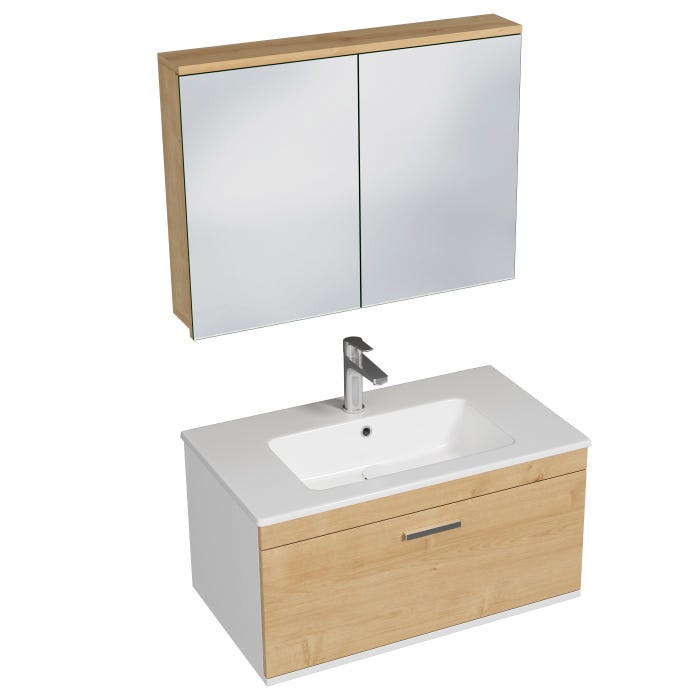 RUBITE Meuble salle de bain simple vasque 1 tiroir chêne clair largeur 80 cm + miroir armoire