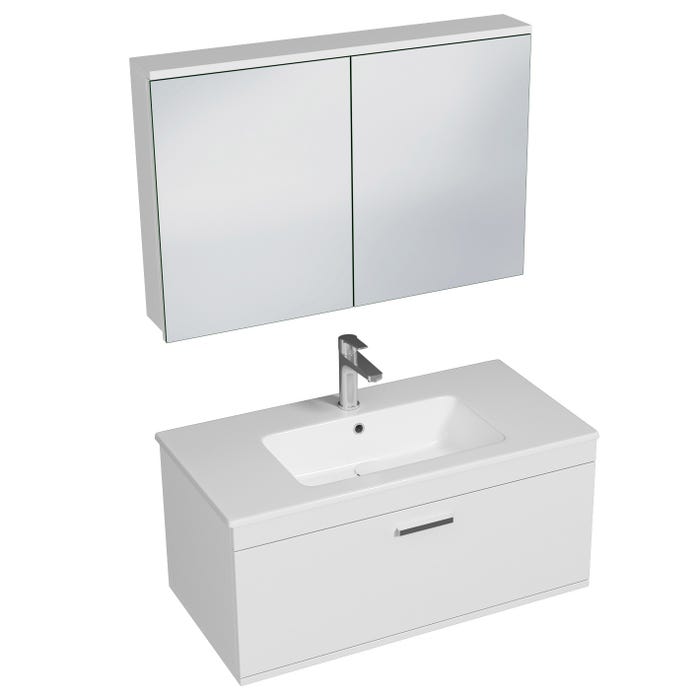 RUBITE Meuble salle de bain simple vasque 1 tiroir blanc largeur 90 cm + miroir armoire