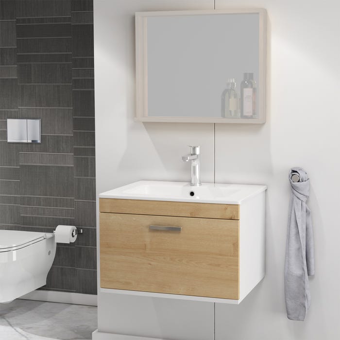 RUBITE Meuble salle de bain simple vasque 1 tiroir chêne clair largeur 60 cm