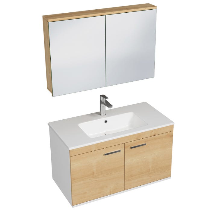 RUBITE Meuble salle de bain simple vasque 2 portes chêne clair largeur 90 cm + miroir armoire