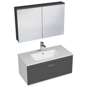 RUBITE Meuble salle de bain simple vasque 1 tiroir gris anthracite largeur 100 cm + miroir armoire
