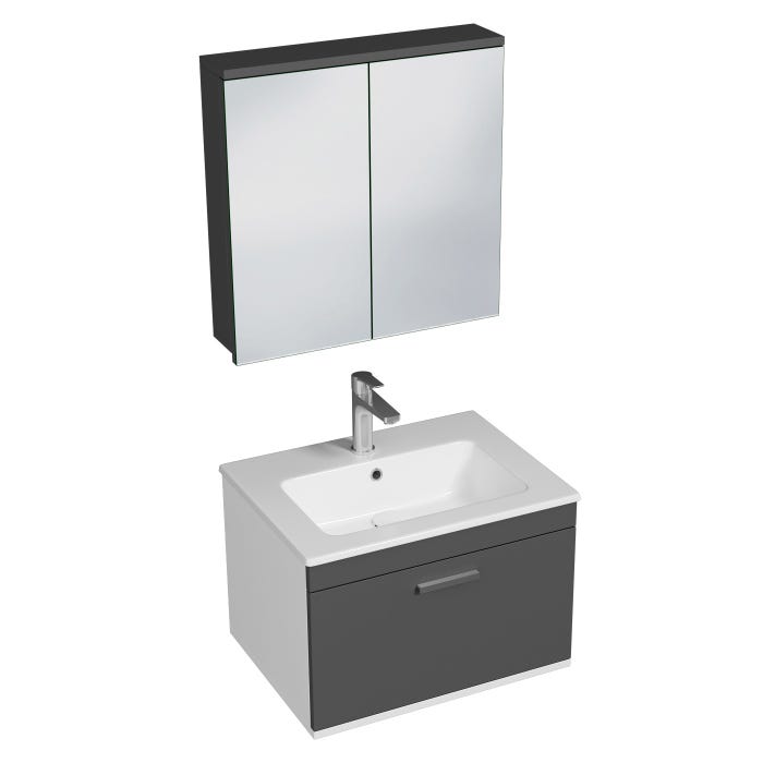 RUBITE Meuble salle de bain simple vasque 1 tiroir gris anthracite largeur 60 cm + miroir armoire