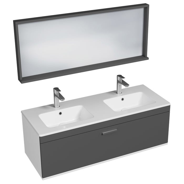 RUBITE Meuble salle de bain double vasque 1 tiroir gris anthracite largeur 120 cm + miroir cadre