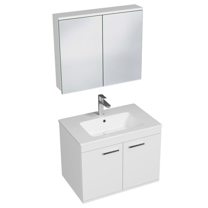 RUBITE Meuble salle de bain simple vasque 2 portes blanc largeur 70 cm + miroir armoire