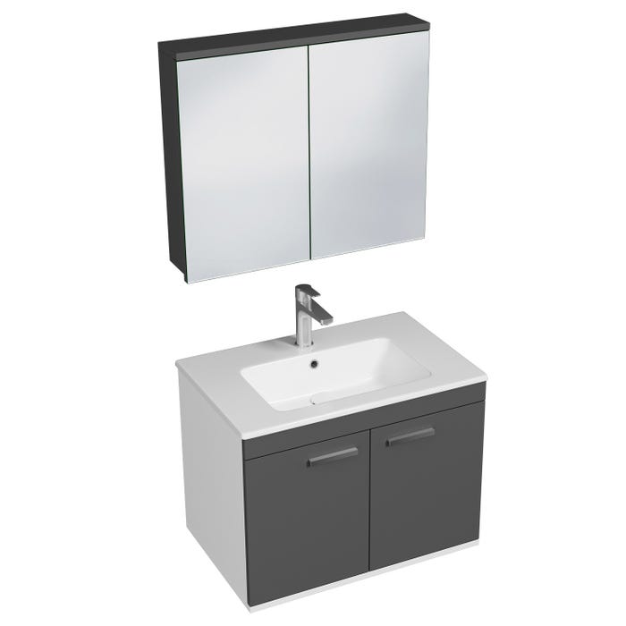 RUBITE Meuble salle de bain simple vasque 2 portes gris anthracite largeur 70 cm + miroir armoire