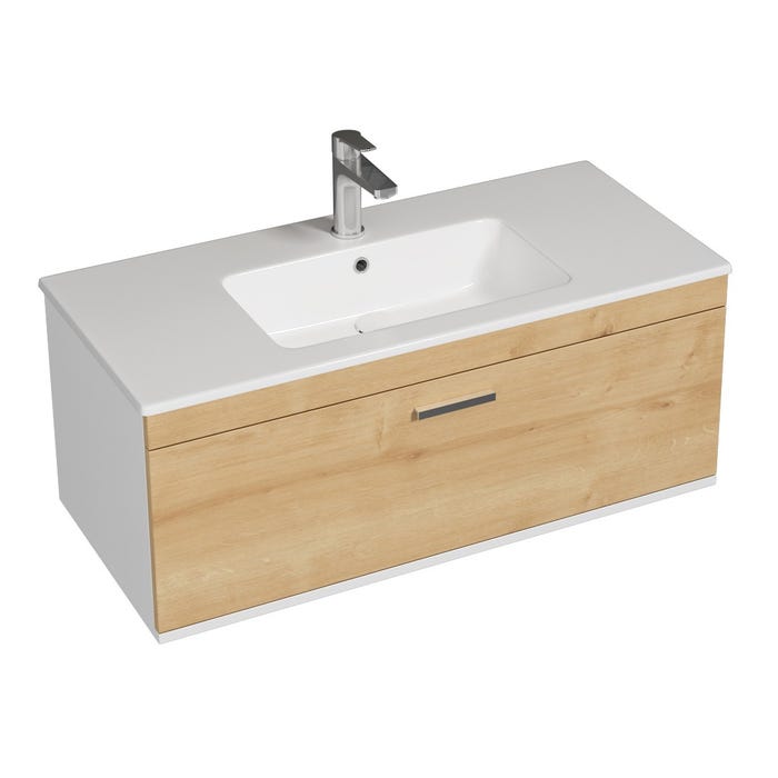 RUBITE Meuble salle de bain simple vasque 1 tiroir chêne clair largeur 100 cm