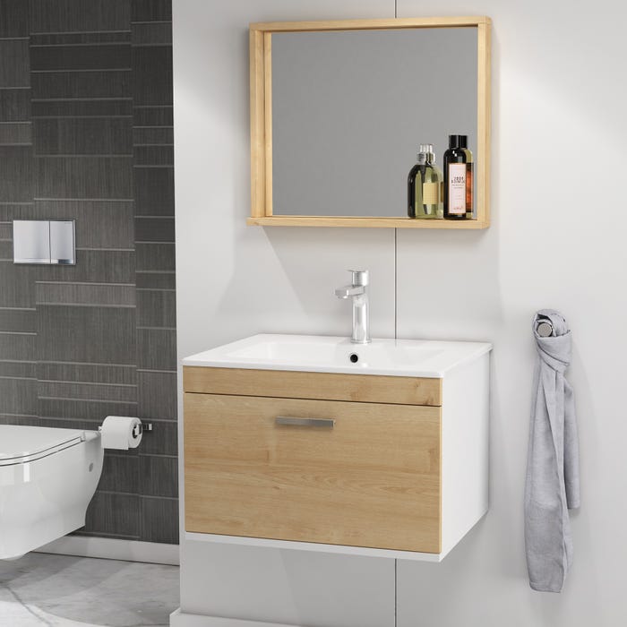 RUBITE Meuble salle de bain simple vasque 1 tiroir chêne clair largeur 60 cm + miroir cadre