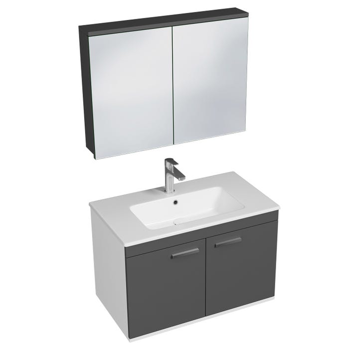 RUBITE Meuble salle de bain simple vasque 2 portes gris anthracite largeur 80 cm + miroir armoire