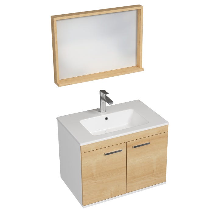 RUBITE Meuble salle de bain simple vasque 2 portes chêne clair largeur 70 cm + miroir cadre
