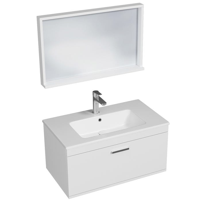 RUBITE Meuble salle de bain simple vasque 1 tiroir blanc largeur 80 cm + miroir cadre
