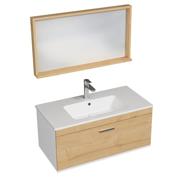 RUBITE Meuble salle de bain simple vasque 1 tiroir chêne clair largeur 90 cm + miroir cadre