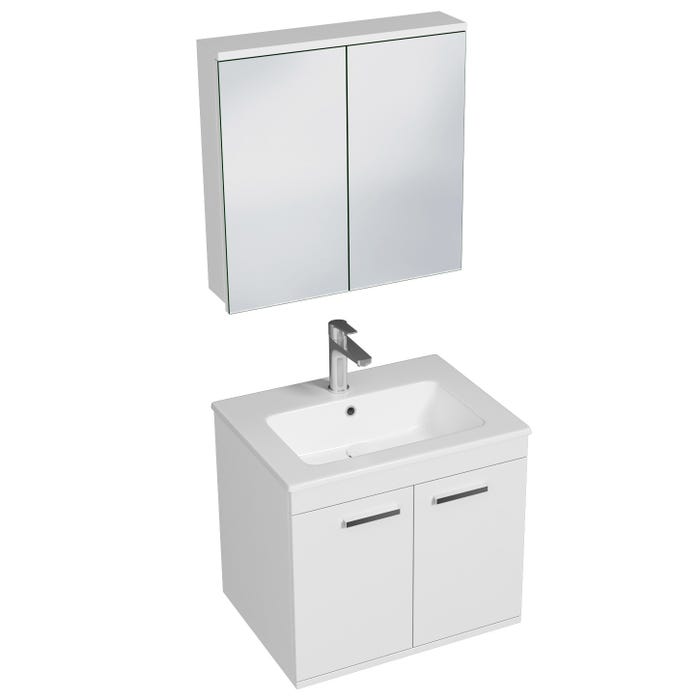 RUBITE Meuble salle de bain simple vasque 2 portes blanc largeur 60 cm + miroir armoire