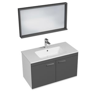 RUBITE Meuble salle de bain simple vasque 2 portes gris anthracite largeur 90 cm + miroir cadre