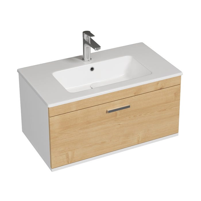RUBITE Meuble salle de bain simple vasque 1 tiroir chêne clair largeur 80 cm