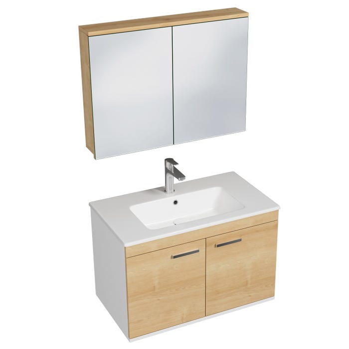 RUBITE Meuble salle de bain simple vasque 2 portes chêne clair largeur 80 cm + miroir armoire