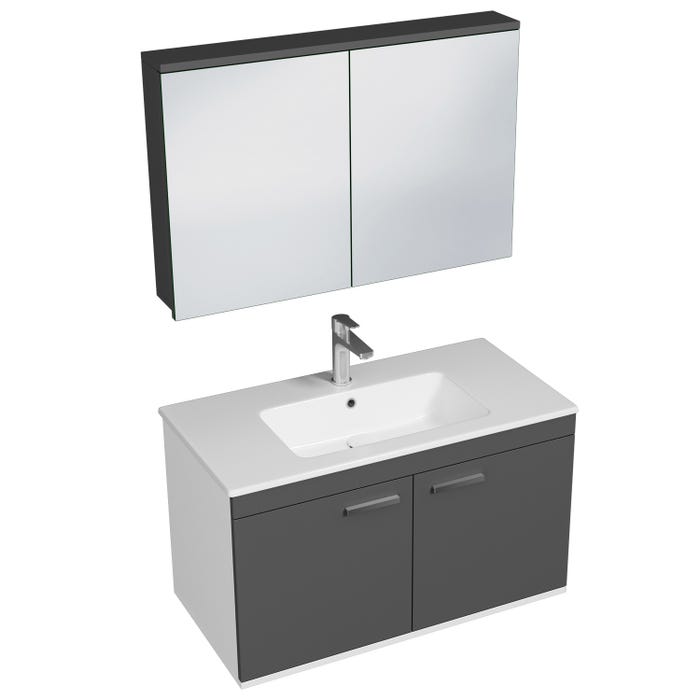 RUBITE Meuble salle de bain simple vasque 2 portes gris anthracite largeur 90 cm + miroir armoire