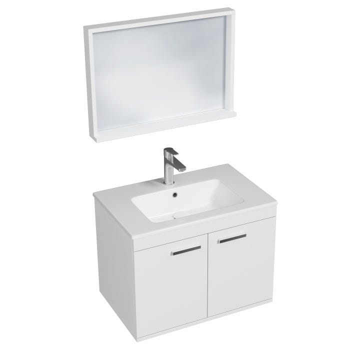 RUBITE Meuble salle de bain simple vasque 2 portes blanc largeur 70 cm + miroir cadre
