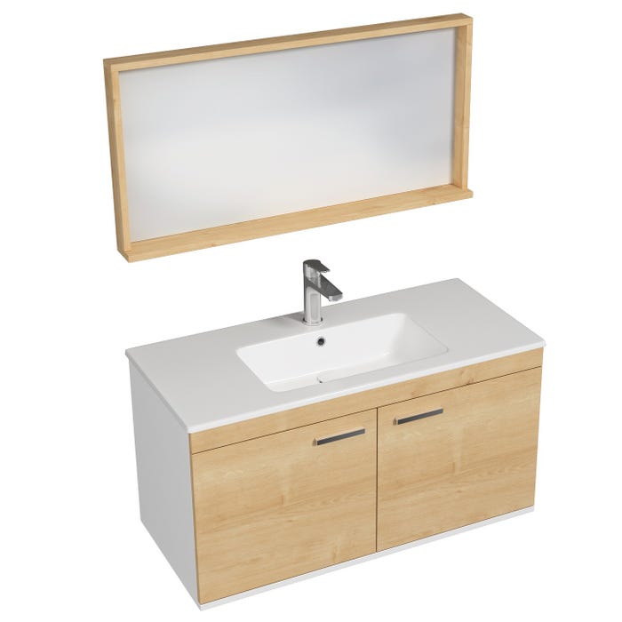 RUBITE Meuble salle de bain simple vasque 2 portes chêne clair largeur 100 cm + miroir cadre