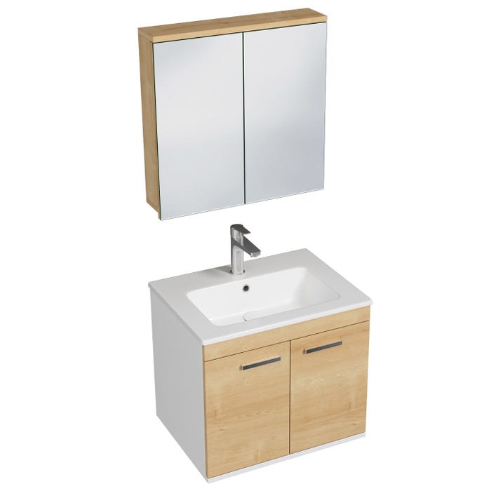 RUBITE Meuble salle de bain simple vasque 2 portes chêne clair largeur 60 cm + miroir armoire