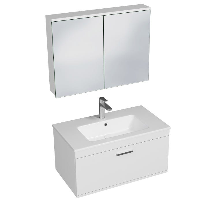RUBITE Meuble salle de bain simple vasque 1 tiroir blanc largeur 80 cm + miroir armoire