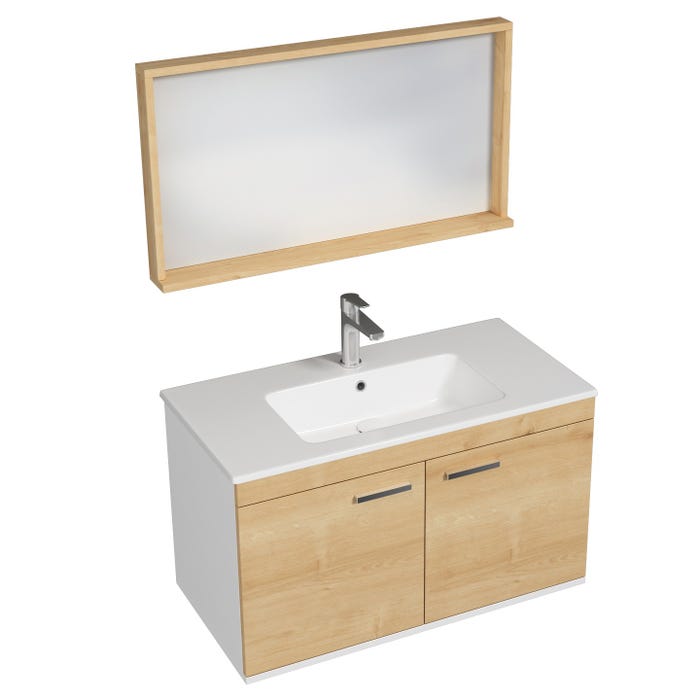 RUBITE Meuble salle de bain simple vasque 2 portes chêne clair largeur 90 cm + miroir cadre
