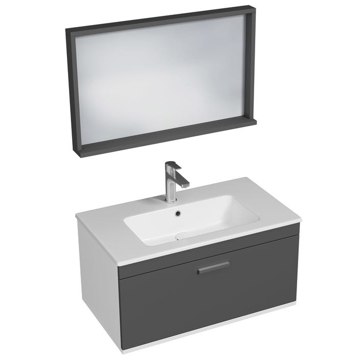 RUBITE Meuble salle de bain simple vasque 1 tiroir gris anthracite largeur 80 cm + miroir cadre