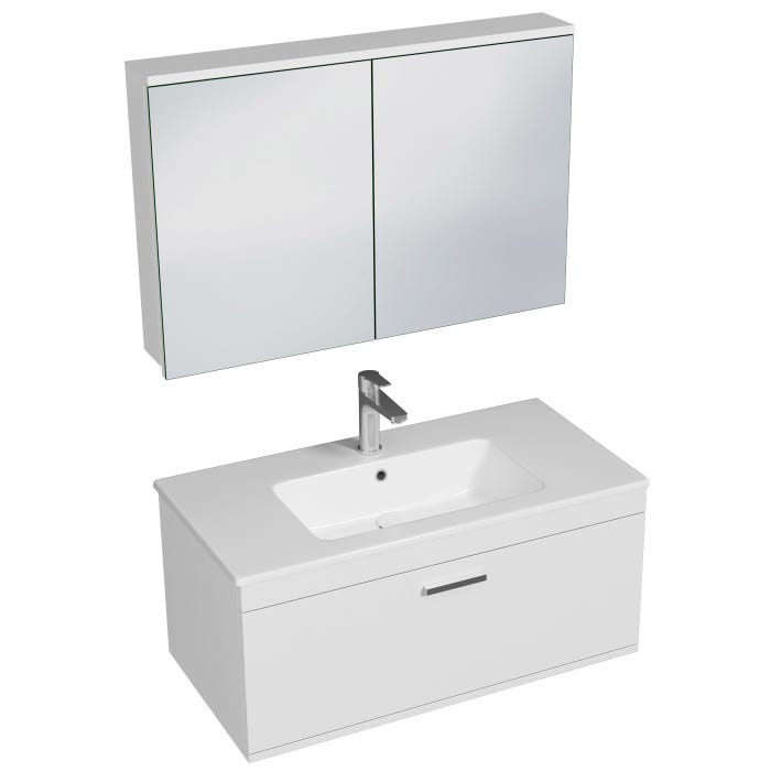 RUBITE Meuble salle de bain simple vasque 1 tiroir blanc largeur 100 cm + miroir armoire