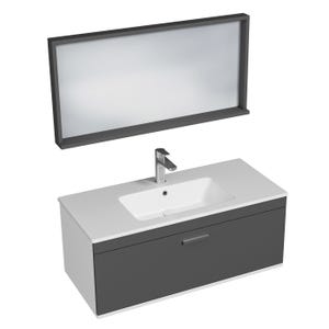 RUBITE Meuble salle de bain simple vasque 1 tiroir gris anthracite largeur 100 cm + miroir cadre