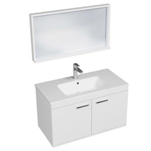 RUBITE Meuble salle de bain simple vasque 2 portes blanc largeur 90 cm + miroir cadre