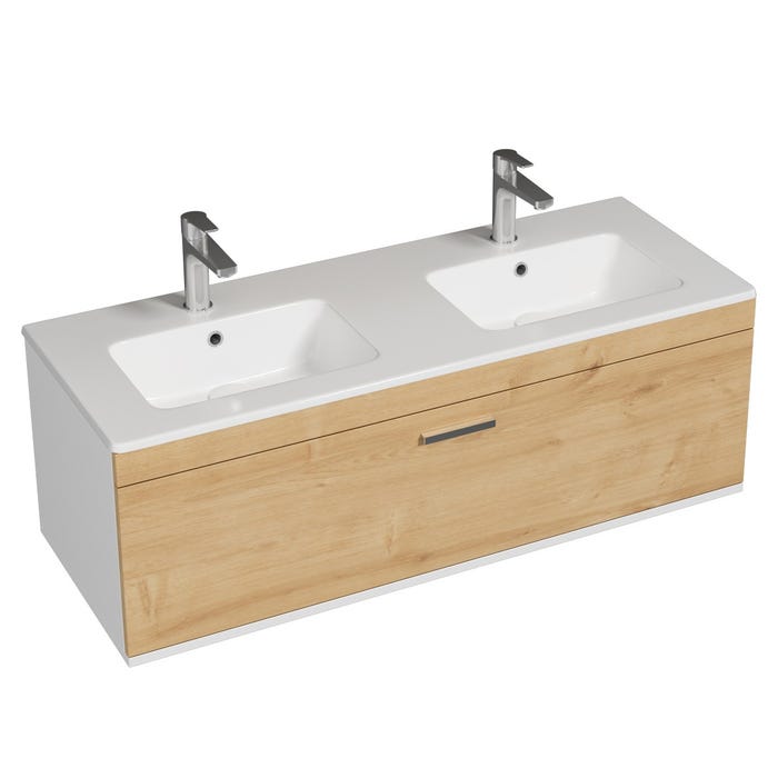 RUBITE Meuble salle de bain double vasque 1 tiroir chêne clair largeur 120 cm