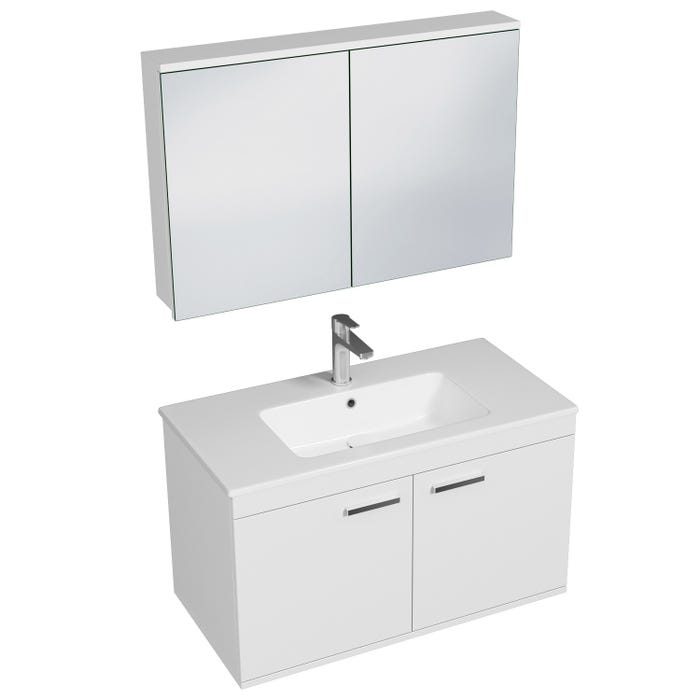 RUBITE Meuble salle de bain simple vasque 2 portes blanc largeur 90 cm + miroir armoire