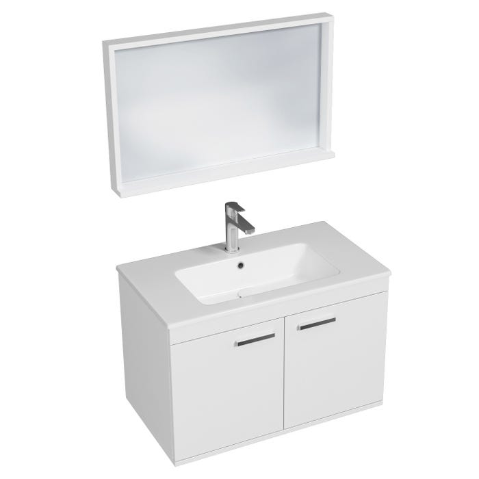RUBITE Meuble salle de bain simple vasque 2 portes blanc largeur 80 cm + miroir cadre