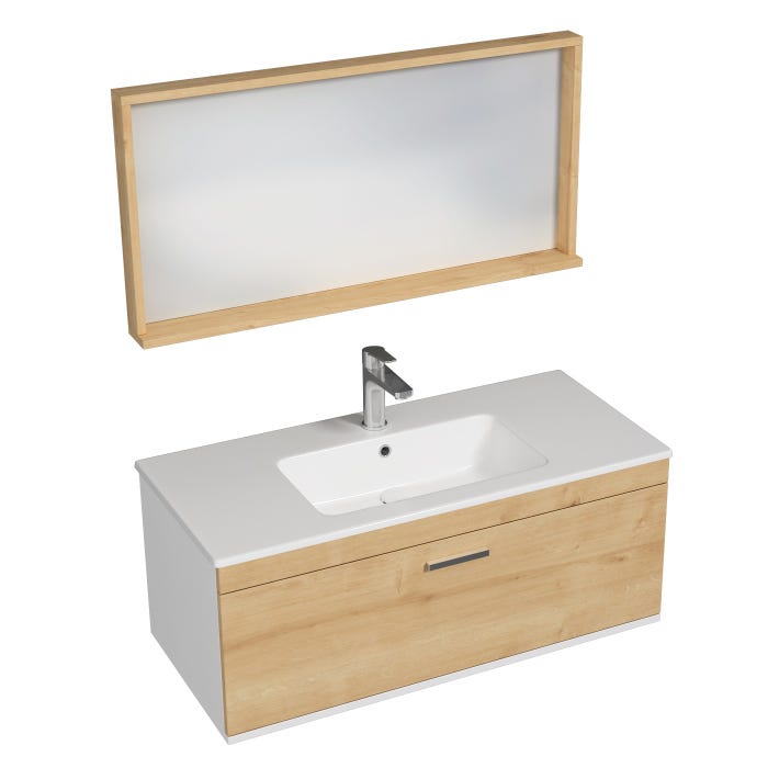 RUBITE Meuble salle de bain simple vasque 1 tiroir chêne clair largeur 100 cm + miroir cadre