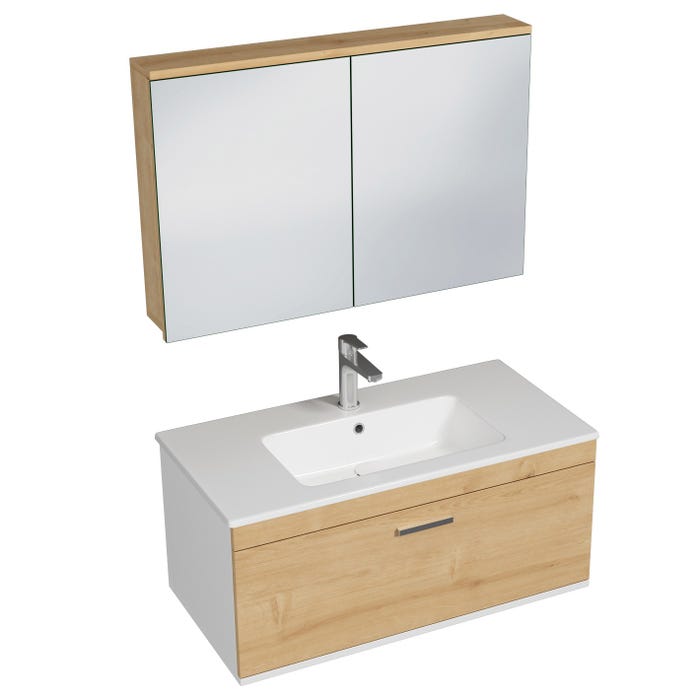 RUBITE Meuble salle de bain simple vasque 1 tiroir chêne clair largeur 90 cm + miroir armoire