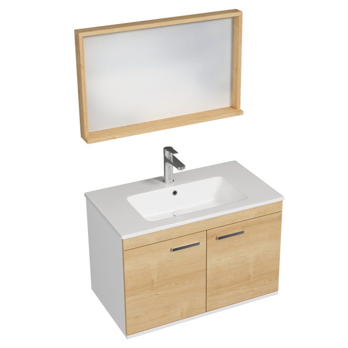 RUBITE Meuble salle de bain simple vasque 2 portes chêne clair largeur 80 cm + miroir cadre