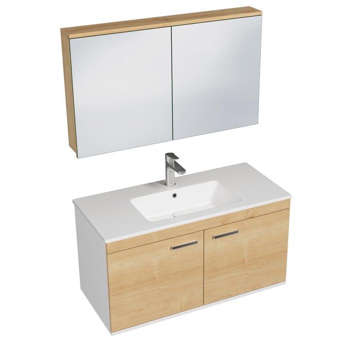 RUBITE Meuble salle de bain simple vasque 2 portes chêne clair largeur 100 cm + miroir armoire