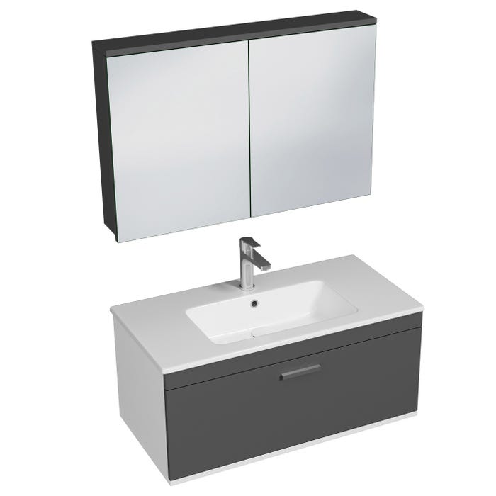 RUBITE Meuble salle de bain simple vasque 1 tiroir gris anthracite largeur 90 cm + miroir armoire