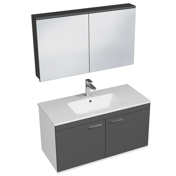 RUBITE Meuble salle de bain simple vasque 2 portes gris anthracite largeur 100 cm + miroir armoire