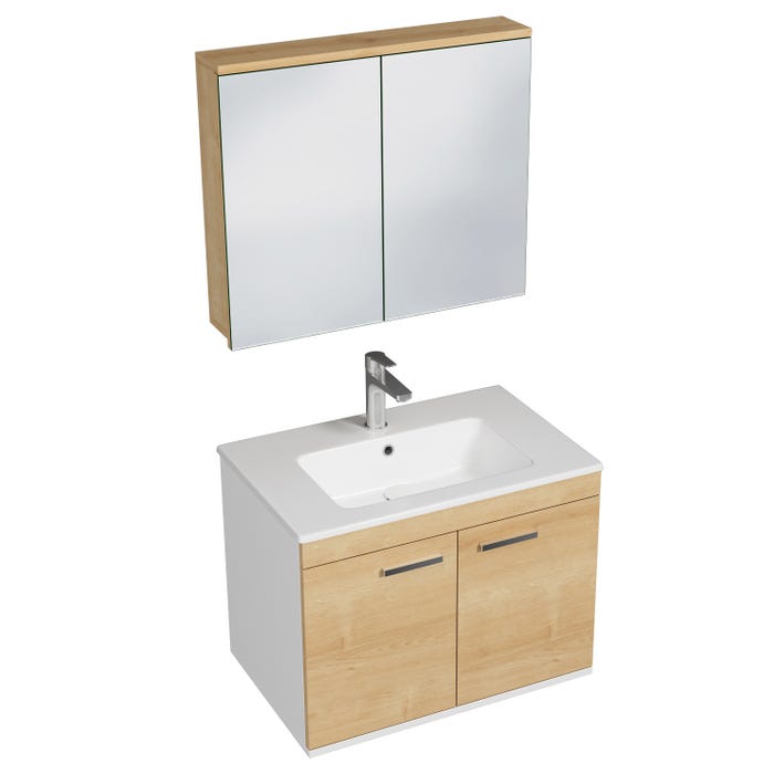 RUBITE Meuble salle de bain simple vasque 2 portes chêne clair largeur 70 cm + miroir armoire