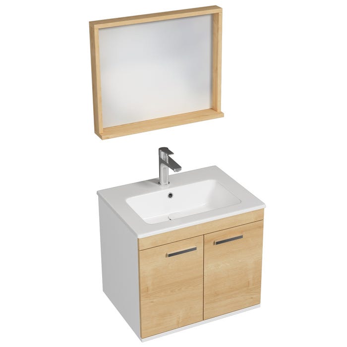 RUBITE Meuble salle de bain simple vasque 2 portes chêne clair largeur 60 cm + miroir cadre