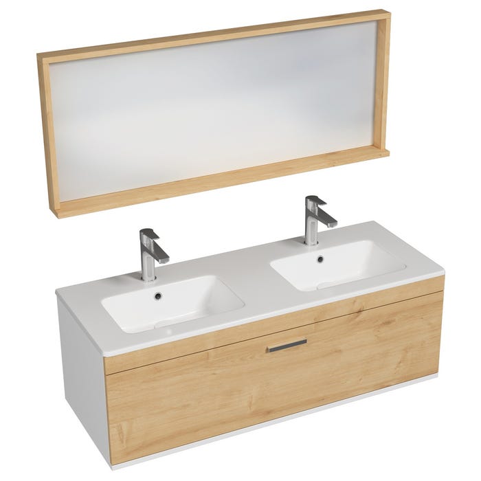 RUBITE Meuble salle de bain double vasque 1 tiroir chêne clair largeur 120 cm + miroir cadre