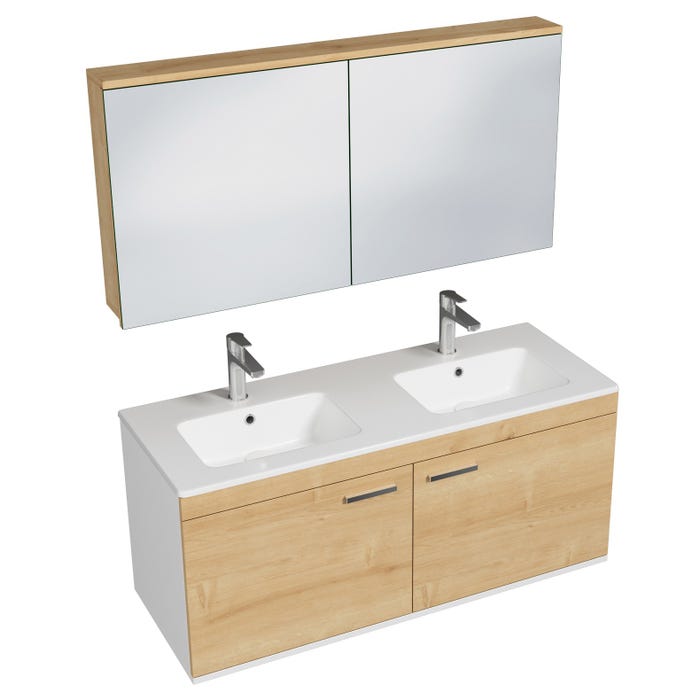 RUBITE Meuble salle de bain double vasque 2 portes chêne clair largeur 120 cm + miroir armoire