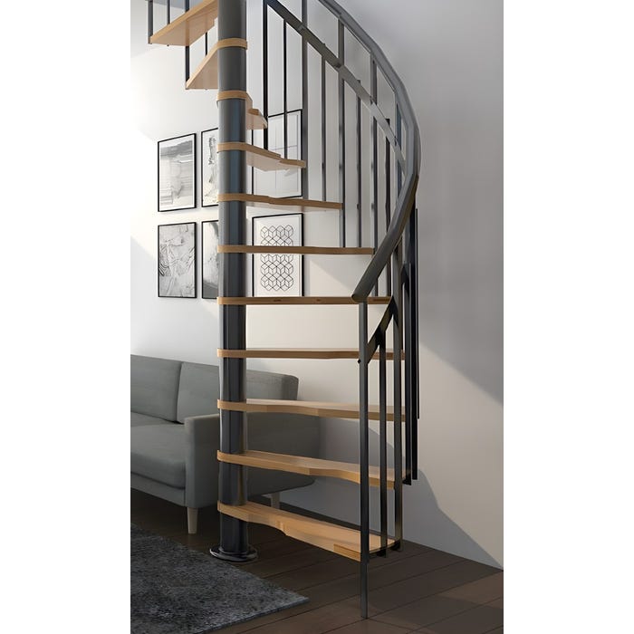HandyStairs escalier colimaçon "Siena" - Ø 145 cm - Charnière à gauche - Hauteur 273 cm - 12 marches en hêtre - Gris