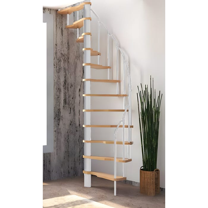 HandyStairs escalier en colimaçon "Radius" - 140x70 cm - hauteur 299 cm - 12 marches en hêtre - Blanc