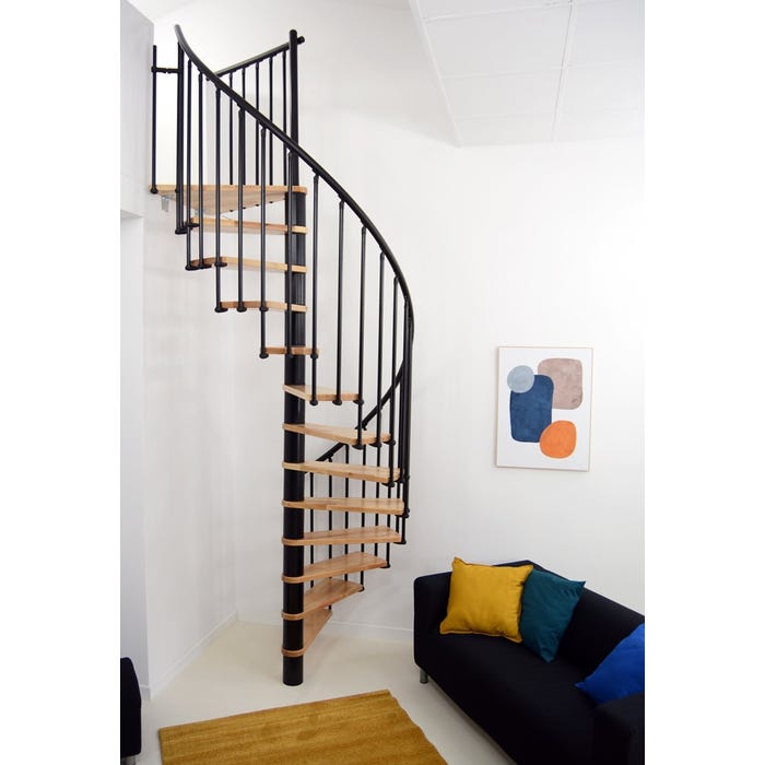 Escalier colimaçon Cadance - Diamètre 140 cm - Métal noir avec marches en hêtre - Main courante PVC noir