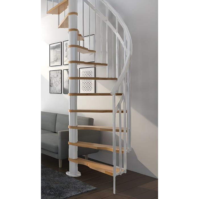HandyStairs escalier colimaçon "Siena" - Ø 145 cm - Charnière à droite - Hauteur 273 cm - 12 marches en hêtre - Blanc